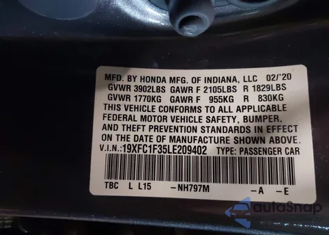 2020 Honda Civic Ex from USA, damaged, VIN 19XFC1F35LE209402